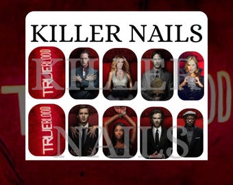 May include: Nail art design with the text "KILLER NAILS" and images of characters from the TV show True Blood. The design is set against a dark red background with the show's logo.