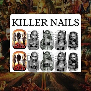 May include: Nail art decals featuring images of characters from a horror movie, with the text "KILLER NAILS" at the top. The decals include mugshot-style images and movie poster art. The background is a collage of movie scenes.