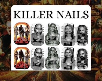 May include: Nail art transfers with horror movie imagery, including mugshot-style images and movie poster art. The text "KILLER NAILS" is at the top. The background is a collage of scenes from the film.