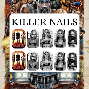 May include: Image of nail art featuring characters from a horror movie. The design includes images of the movie's characters and the text "KILLER NAILS". The background is a movie poster with the word "BEER".