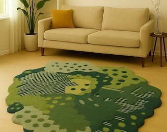 Hand Tufted Abstract Rug: Mustard, Rust, Green Wavy Edge Carpet