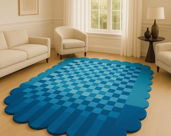 Blue Checkerboard Scalloped Rug – Hand Tufted Modern Geometric Carpet for Living Room & Bedroom