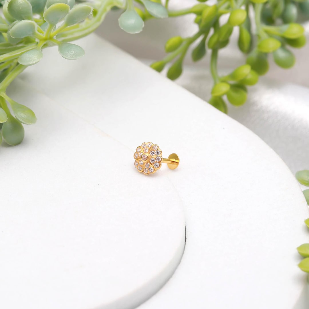 18KT Solid Gold Flower Nose Pin With Round CZ | Indian Traditional ...