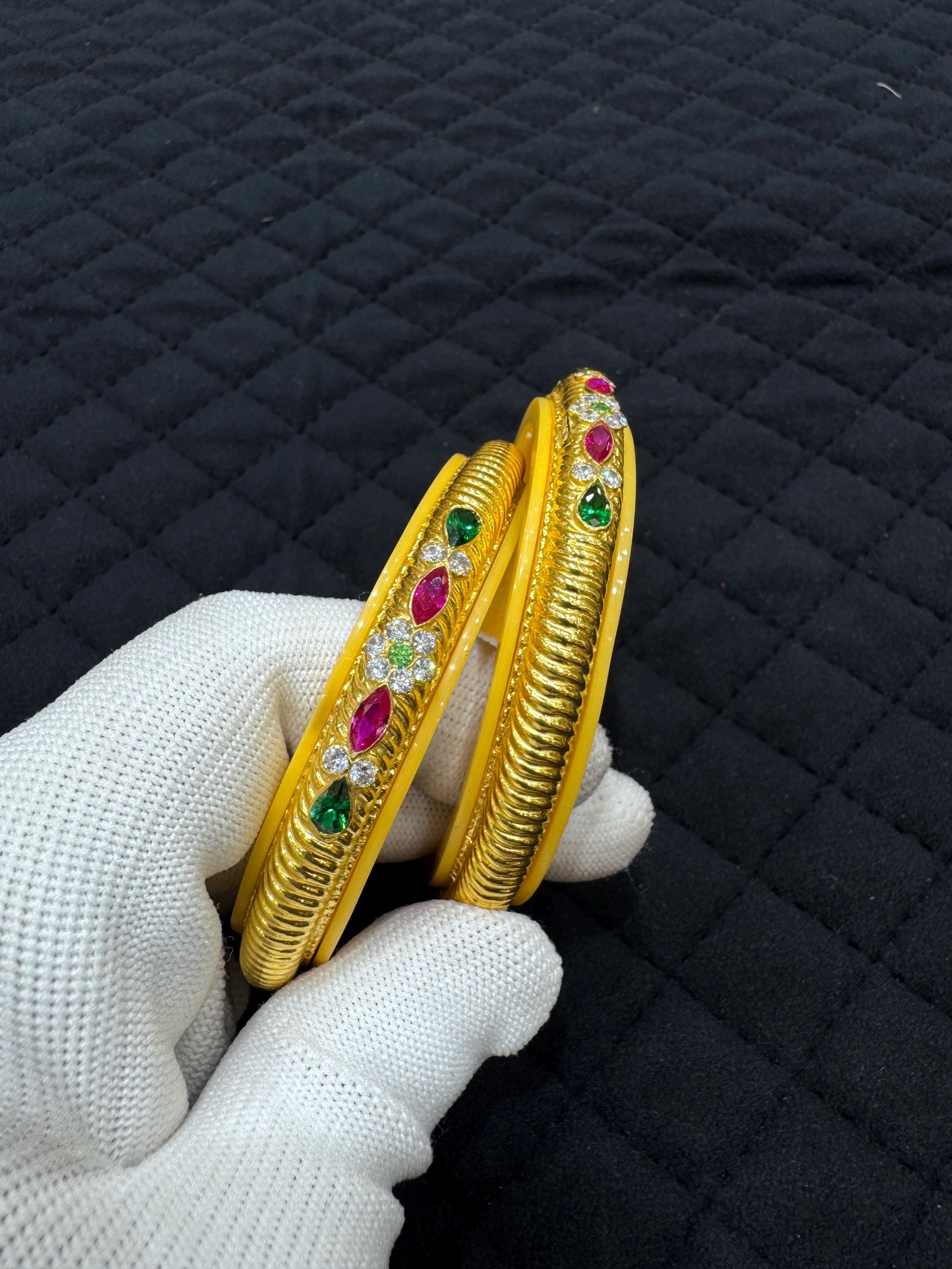 22KT Gold Kada Bangles | Red and Green Gemstone, South Indian