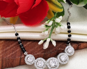 925 Sterling Silver Mangalsutra Necklace  Cubic Zirconia Pendant Black Beads | Bridal Jewelry | Indian Mangalsutra | Traditional Mangalsutra