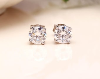 Moissanite Stud Earrings | Round Brilliant Cut | Rhodium-Plated Sterling Silver | Dainty Jewelry | Gift for Her | Everyday Wear Stud