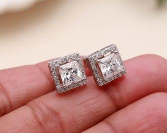 Princess Cut Moissanite Stud Earrings | Sterling Silver Halo Earrings | Sparkly Solitaire Jewelry | Earrings | Gift for Her | Everyday Studs
