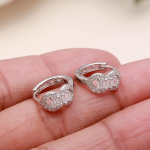 925 Sterling Silver Infinity Huggie Hoop Earrings | Baguette CZ Hoops