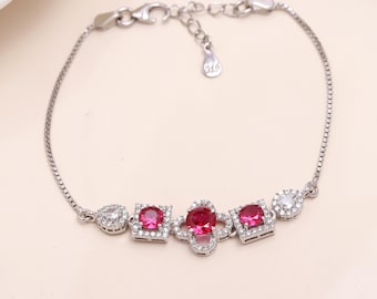 Sterling Silver CZ Bracelet | Red & White Stone Boho Jewelry | Gift For Wife