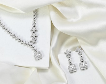 Set 925 sterlingzilveren ketting en oorbellen | Sieradenset met zirkonia voor dames | Bruidsketting |Bruiloftketting | Diamanten ketting: