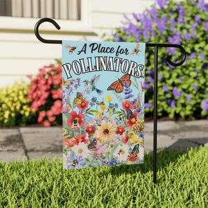Pollinator Garden Flag, Bee + Butterfly Garden Banner, Wildflower Yard Sign, Protect Pollinators, Gift for Gardeners, Nature Lover&#39;s Gift