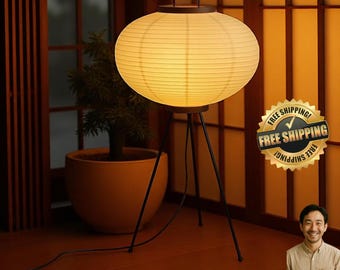 Japanese Paper Floor Lamp • Warm Light Noguchi Style Lantern • Zen Tripod Lamp for Japandi, Boho, Wabi-Sabi, Minimalist Room Decor