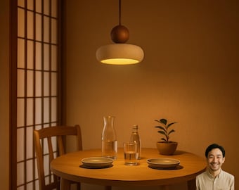 Lámpara colgante de piedra y madera Japandi: lámpara colgante minimalista wabi sabi para isla de cocina, mesa de comedor, dormitorio y decoración zen o Japandi.
