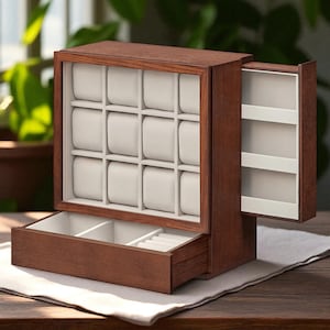 12-Slot Wooden Watch Box Display Case with Glass Window & Velvet Lining – Fits Watches up to 56mm, Gift for Him