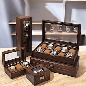 Elegante Vintage Uhren- und Schmuckschatulle aus Holz mit 2–12 Fächern | Retro Holzmaserung Organizer