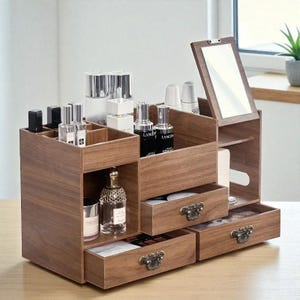 Large Capacity Makeup Organizer Box with Drawers, Mirror & Wood Finish, Multi-Layered Cosmetic Storage Stand
