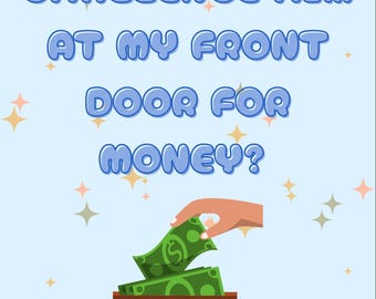 May include: A light blue invitation card with text in a bubble font that reads "GIRL, WILL YOU CHALLENGE HIM AT MY FRONT DOOR FOR MONEY?" and "Oops! I mean... will you be my bridesmaid?" A hand is holding money over a brown wallet.
