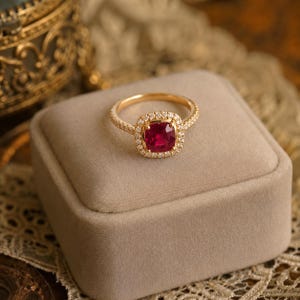 Bague de fiançailles en or massif 14 carats sertie d'un rubis, d'une pierre précieuse rouge taille coussin, d'un halo de diamants moissanite de 1,5 carat et d'une bague classique. Bague de naissance de juillet.