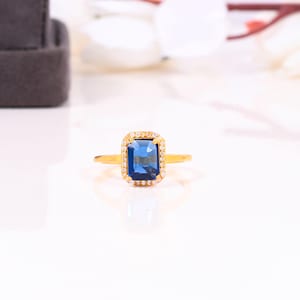 Blue Sapphire Engagement Ring, 14k Gold Emerald Cut Blue Gemstone Ring, Handmade Art Deco Promise Ring, Proposal Gift For Your Loved Ones
