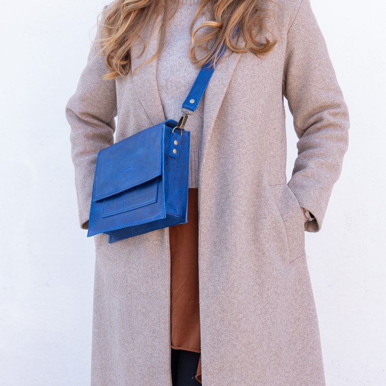 blue leather crossbody bag