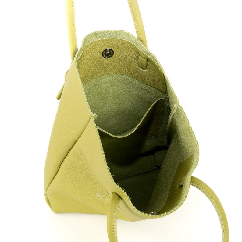 Lucille pea green simple raw leather shopper bag, shoulder and to hand purse image 5