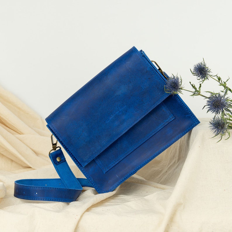 blue leather crossbody bag