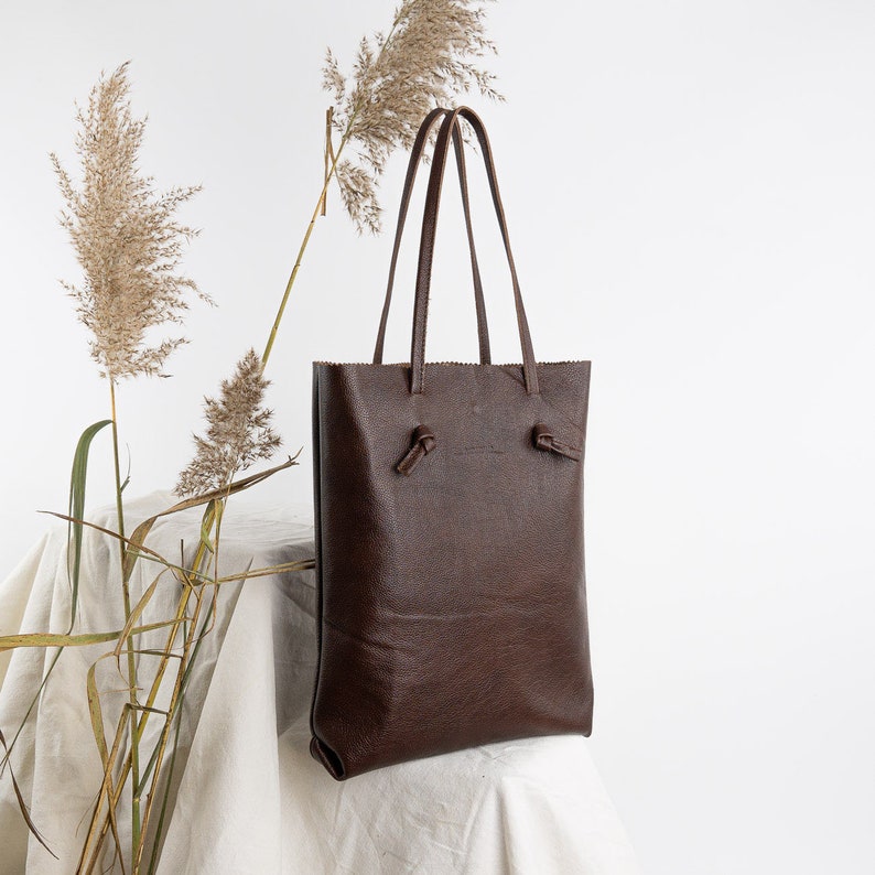 Lucille dark brown simple raw leather shopper bag, shoulder and to hand purse image 1
