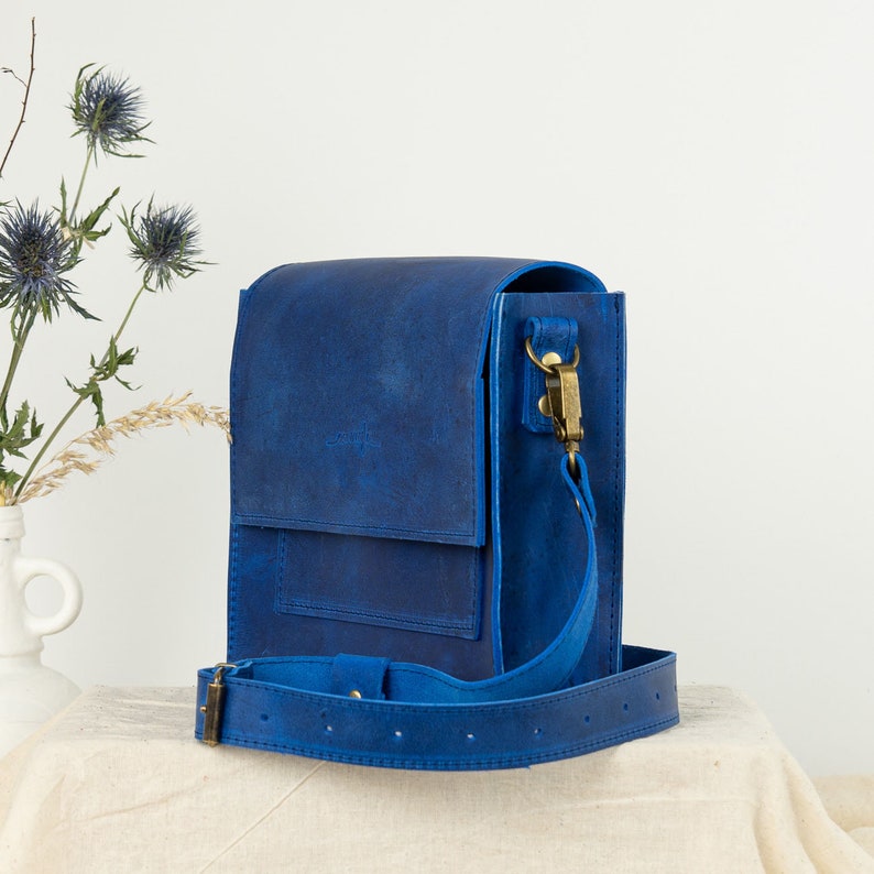 blue leather crossbody bag