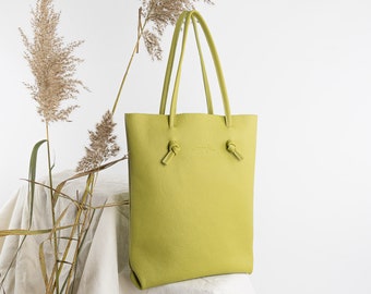 Lucille pea green - simple raw leather shopper bag, shoulder and to hand purse