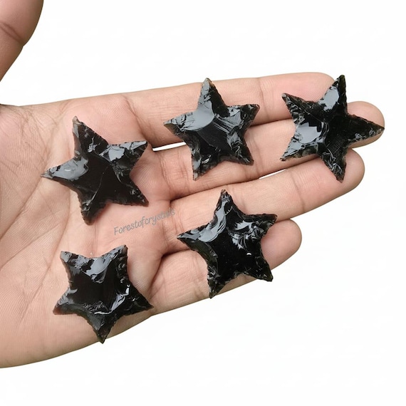 Black Obsidian Protection Star: Carved Witchcraft Altar Stone, 30mm