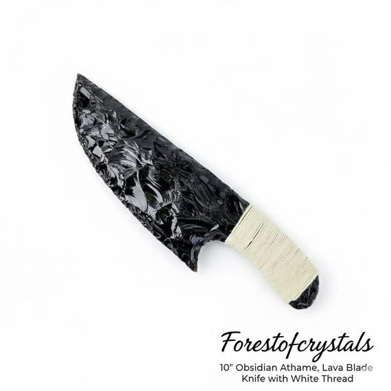 10" Obsidian Athame, Volcanic Glass Knife with White Thread - Hunter's Gift, Collectible Dagger, Lava Blade Decor
