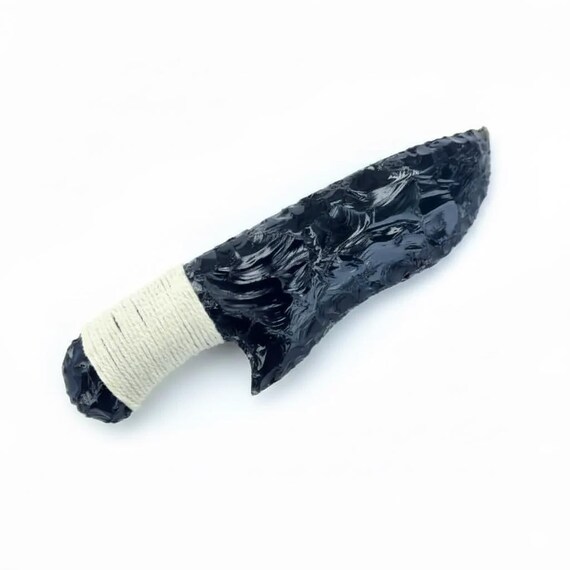 Handmade Obsidian Lava Blade Knife – 4 to 10 Inch Ritual Dagger with White Thread Grip – Ideal for Cleansing and Protection