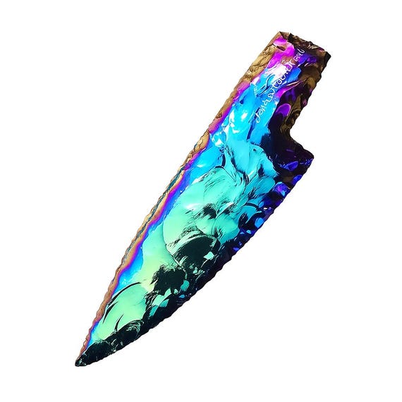 Rainbow Titanium Aura Obsidian Arrowhead Knife, 6 Inch Collectible Hunting Tool, Angel aura quartz, Dagger for Altar, Energy Work & Display