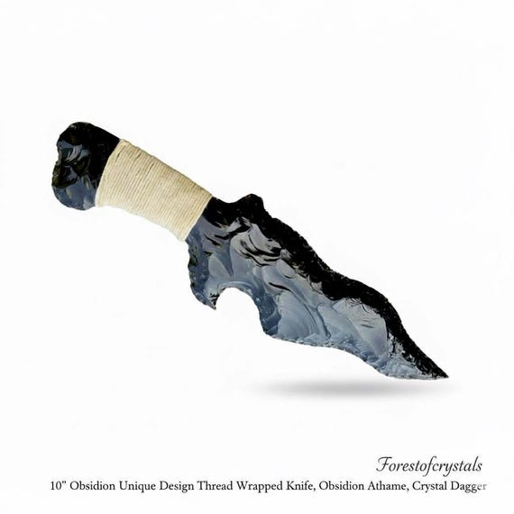 Obsidian Curved Blade Athame | 10 Inch Decorative Collectible Knife | Lava Stone Blade with Thread-Wrapped Handle