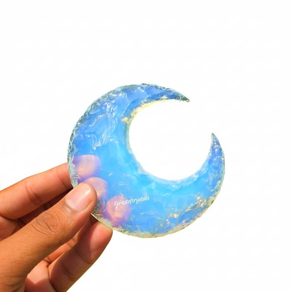 Large Opalite Crescent Moon, Hand Carved Crystal, Healing Stone, Spiritual Altar Decor, Large Healing Crystal Carving (95-100MM)