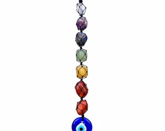 Authentic 7 Chakra Tumbled Stone Hanging – Evil Eye Protection Ornament for Living Room, Car, or Yoga Space