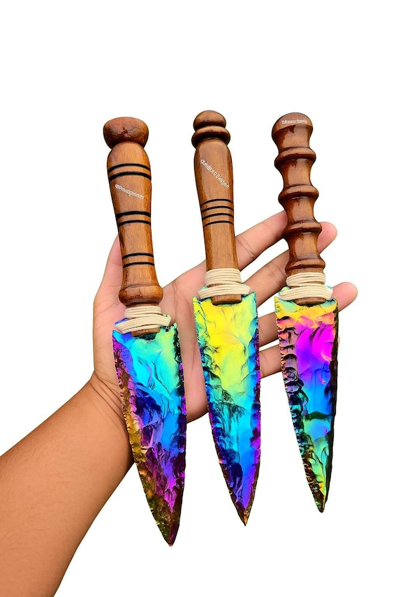 Titanium Aura Quartz Arrowhead Knife: Handmade Crystal Healing Tool
