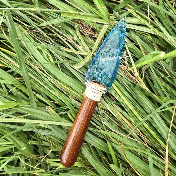 Amazing Rare Aqua Obsidian Arrowhead Crystal Gemstone Glass Knife With Wooden Handle Handmade Decorative Collectible Knife 8 Inch