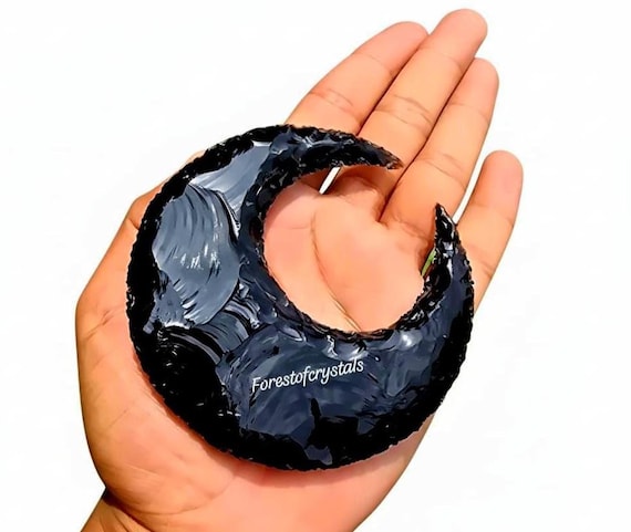 100mm Black Obsidian Moon Crystal Carving | Deep Black Scrying Stone | Metaphysical Home Decor | Protection Crystal Gift (95-100MM)