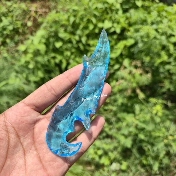 Aqua Obsidian Glass Arrowhead: Dragon Knife, Hand-Knapped, 5.5-6 Inch