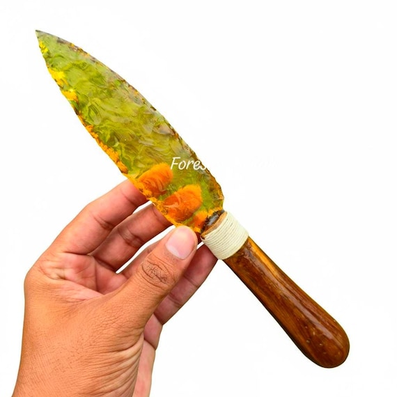 10" Yellow Citrine Arrowhead Knife with Wooden Handle | Iridescent Citrine Hand-Carved Arrowhead Dagger | Custom Blade with Rustic Wood Grip