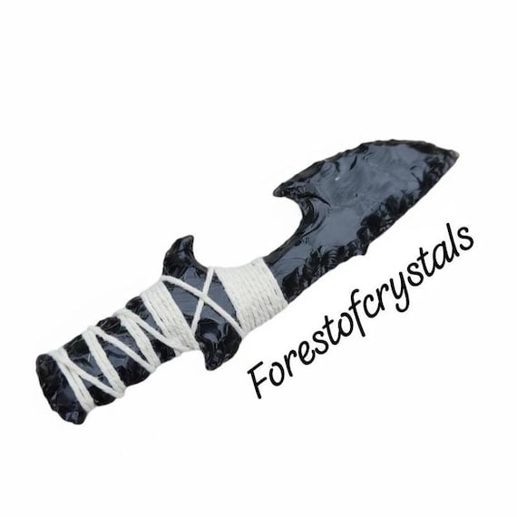Hand Knapped Black Obsidian Athame: White Thread Wrapped Crystal Knife