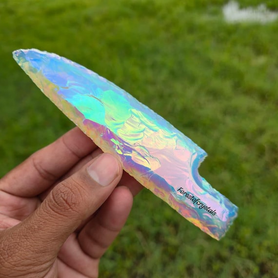 6 Inch Angel Aura Quartz Arrowhead Knife: Iridescent Opalite Crystal Decor