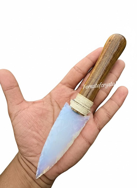 Opalite Arrowhead Knife: Hand-Carved Wooden Handle, Spiritual Altar Decor