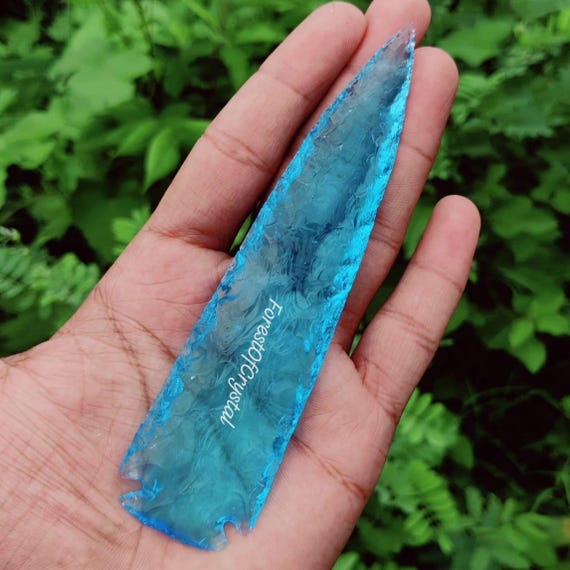 Hand Carved Aqua Obsidian Arrowhead: Crystal Point Display Stone