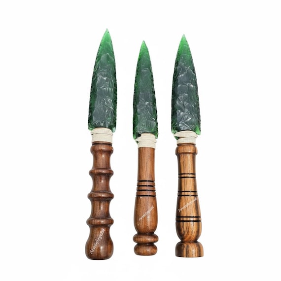 10 Inch Large Green Obsidian Arrowhead With Wooden Handle, Minimalist Collector's Knife, Custom Green Arrowhead, Handmade Glass Dagger