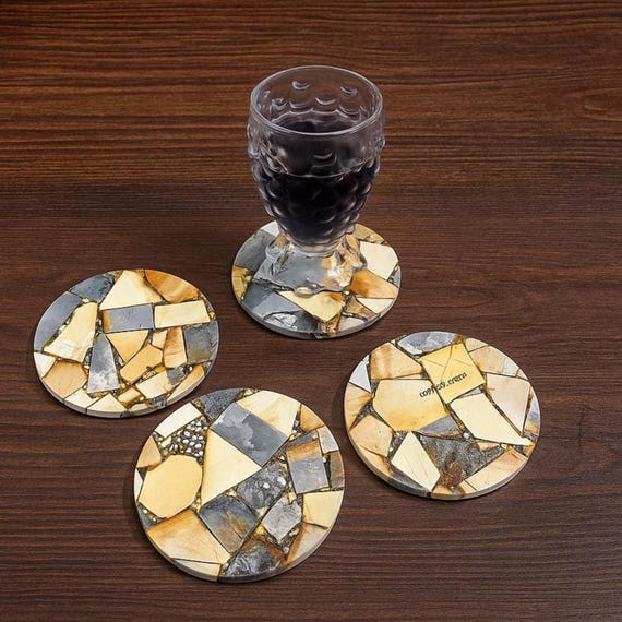 Maligano Jasper Coaster Set of 4 – Natural Stone Drink Coasters, 4 Inch Round Crystal Coasters for Tabletop Decor & Gift earthy luxury