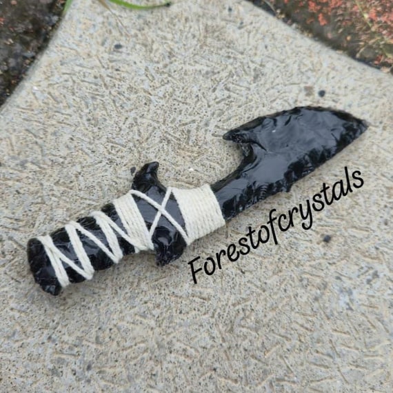 Amazing New Design Hand Knapped Black Obsidian Crystal Knife With White Thread, Black Obsidian Athame, Collectors Knife, Obsidian Dagger