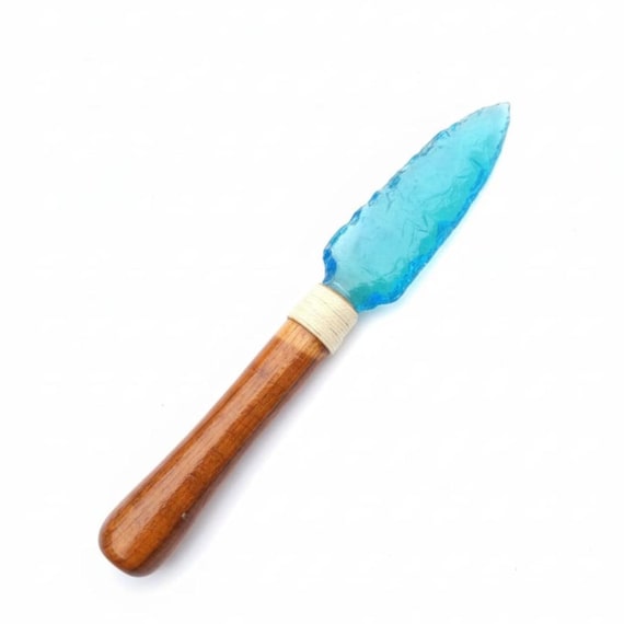 Blue Aqua Obsidian Glass Knife: Handmade Decorative Crystal Gemstone, 10 inch