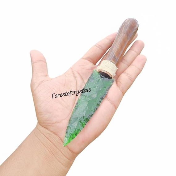 8 Inch Green Obsidian Arrowhead with Wood Handle | Handmade Flint Knapped Glass Crystal Spearhead | Unique Collector's Gift